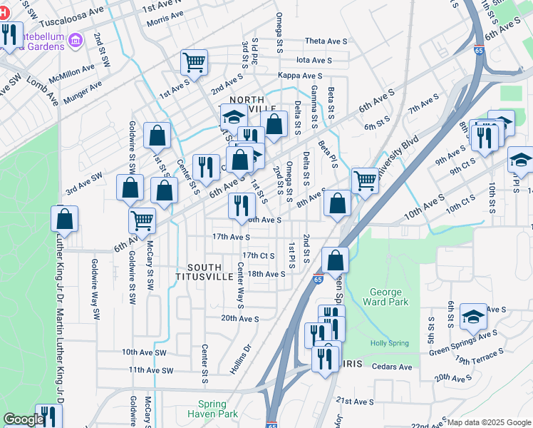 map of restaurants, bars, coffee shops, grocery stores, and more near 708 1st Street South in Birmingham