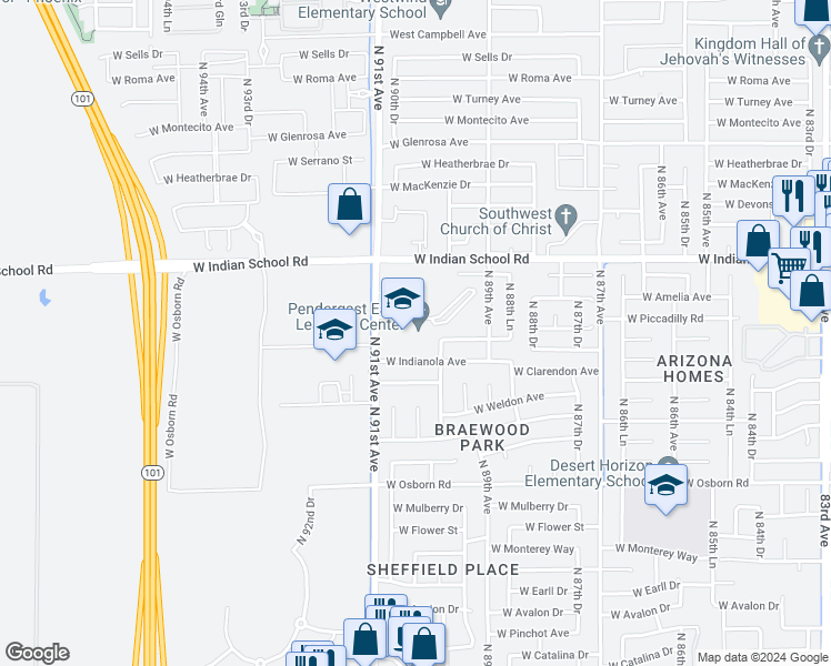 map of restaurants, bars, coffee shops, grocery stores, and more near 3841 North 91st Avenue in Phoenix