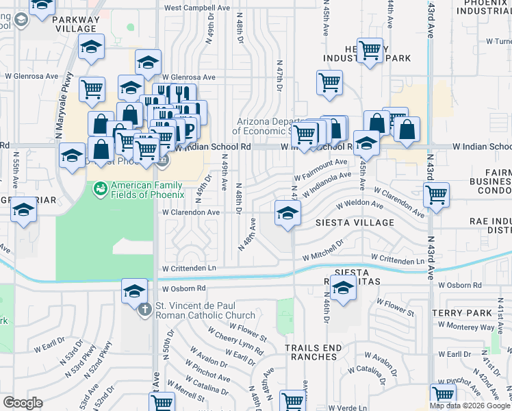 map of restaurants, bars, coffee shops, grocery stores, and more near 4751 West Indianola Avenue in Phoenix