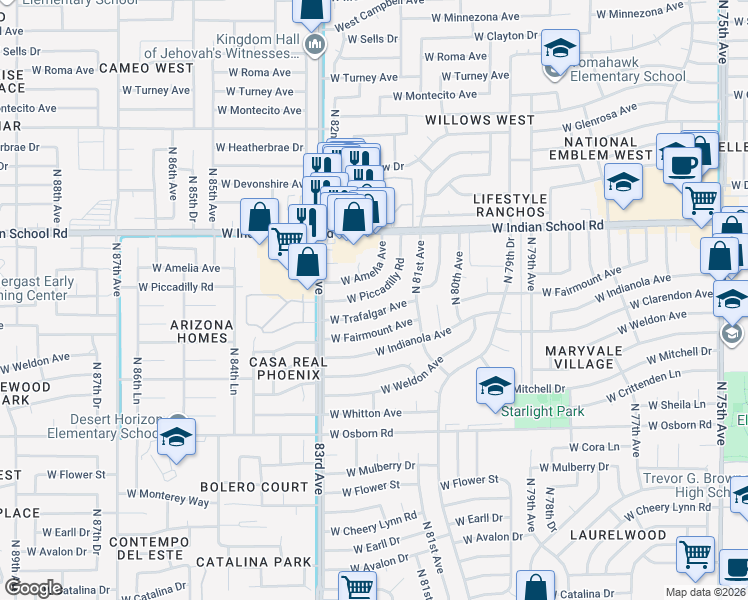 map of restaurants, bars, coffee shops, grocery stores, and more near 8231 West Piccadilly Road in Phoenix