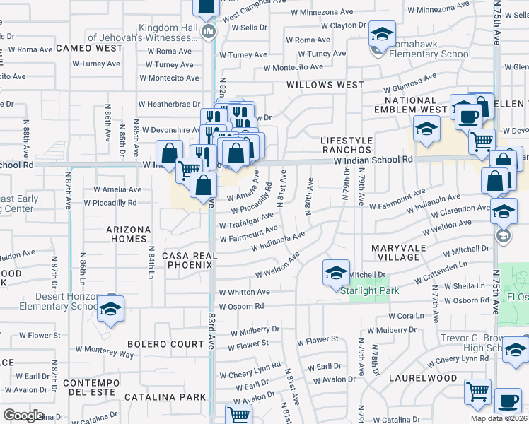 map of restaurants, bars, coffee shops, grocery stores, and more near 8120 West Trafalgar Avenue in Phoenix