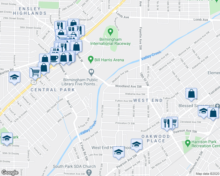 map of restaurants, bars, coffee shops, grocery stores, and more near 1925 Woodland Avenue Southwest in Birmingham