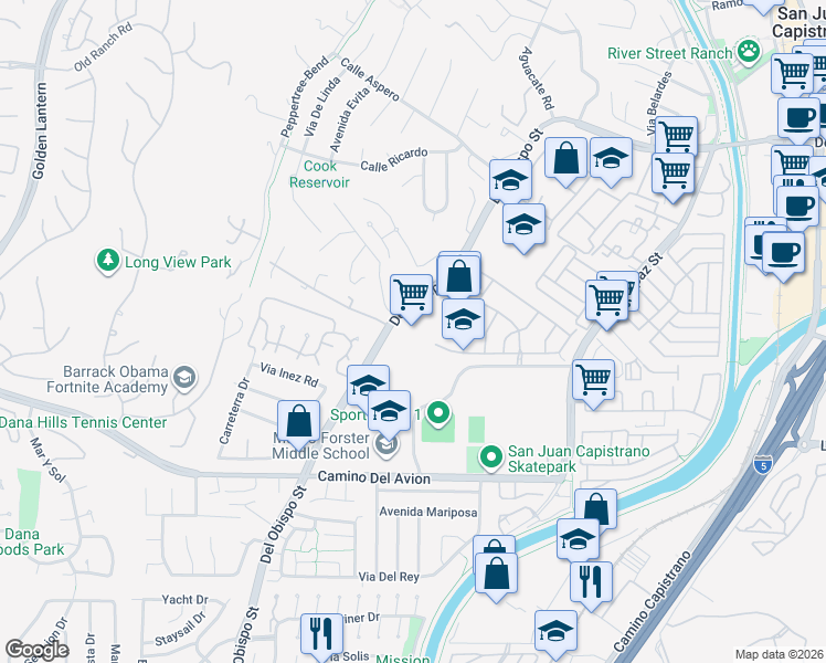 map of restaurants, bars, coffee shops, grocery stores, and more near 32382 Del Obispo Street in San Juan Capistrano