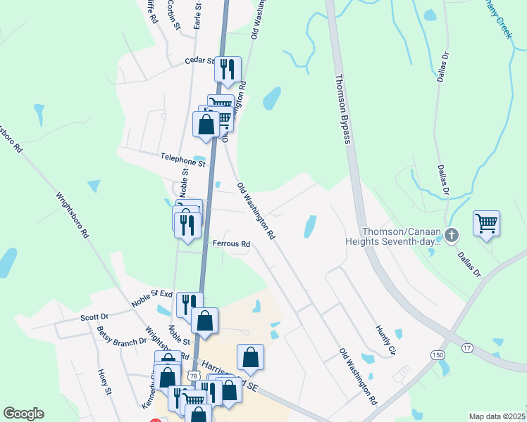 map of restaurants, bars, coffee shops, grocery stores, and more near 924 Old Washington Road in Thomson