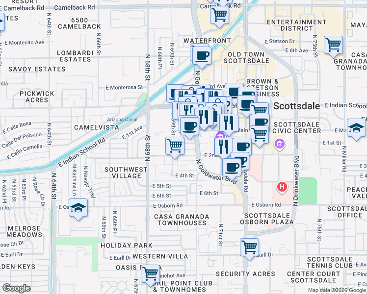 map of restaurants, bars, coffee shops, grocery stores, and more near 6921 East 1st Street in Scottsdale