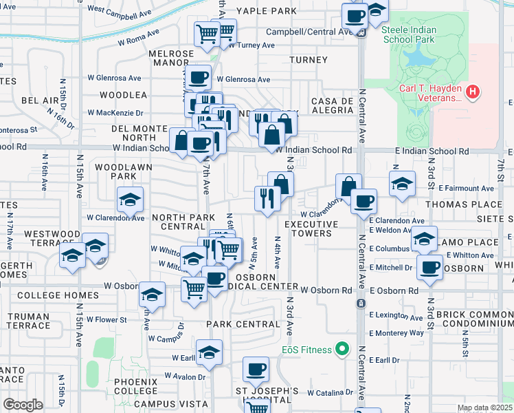map of restaurants, bars, coffee shops, grocery stores, and more near 500 West Clarendon Avenue in Phoenix