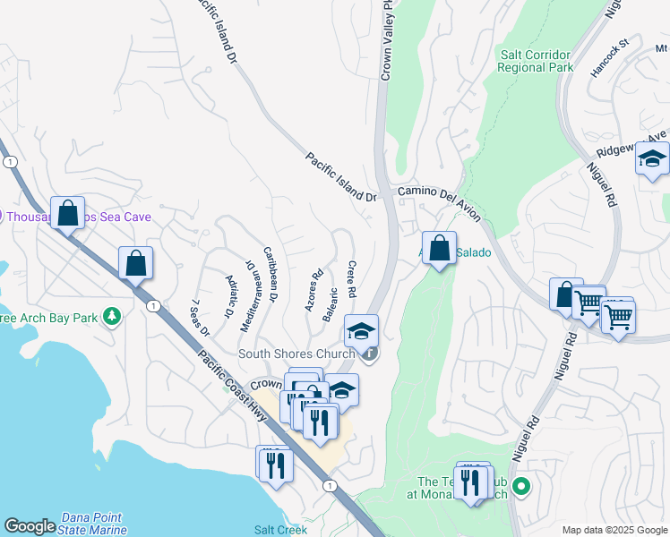 map of restaurants, bars, coffee shops, grocery stores, and more near 32512 Azores Road in Dana Point
