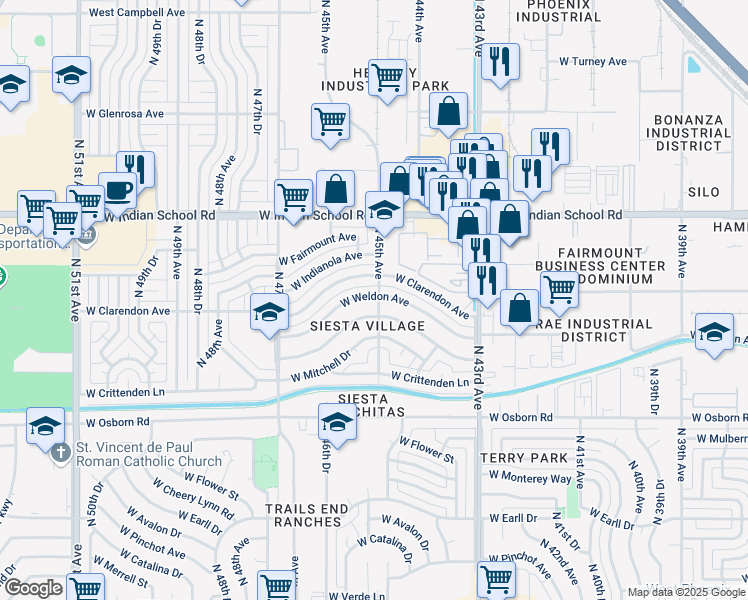 map of restaurants, bars, coffee shops, grocery stores, and more near 4501 West Weldon Avenue in Phoenix