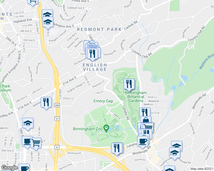 map of restaurants, bars, coffee shops, grocery stores, and more near 462 Botanical Place in Mountain Brook