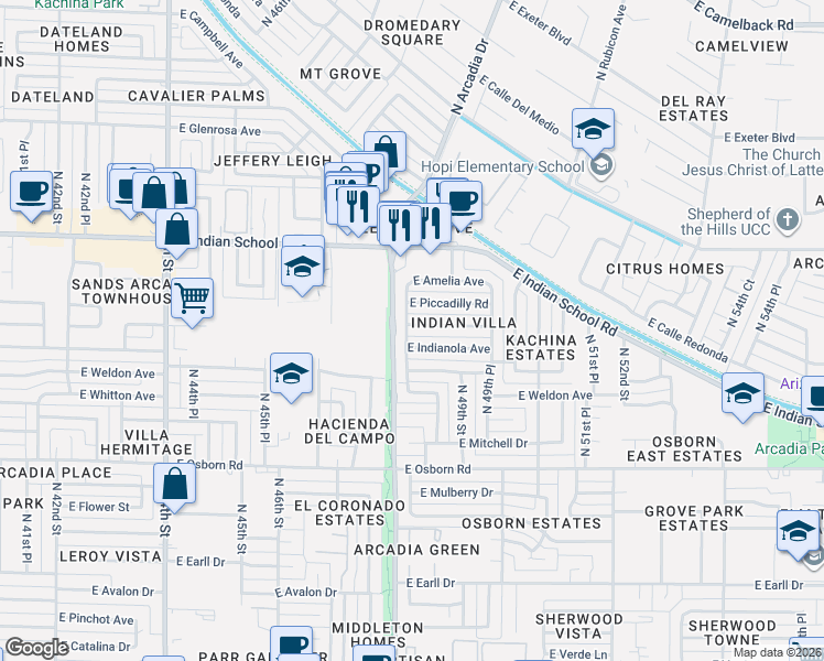 map of restaurants, bars, coffee shops, grocery stores, and more near 3830 North 48th Place in Phoenix
