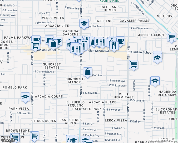 map of restaurants, bars, coffee shops, grocery stores, and more near 4035 East Indianola Avenue in Phoenix