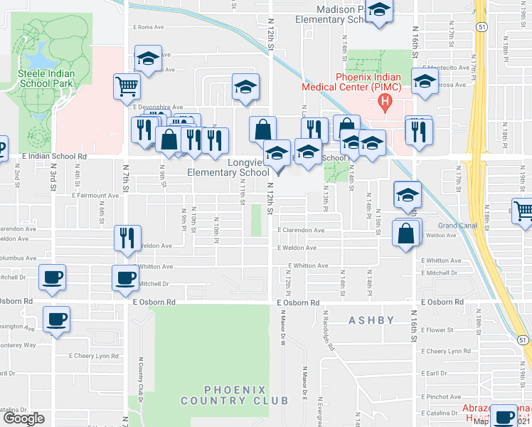 map of restaurants, bars, coffee shops, grocery stores, and more near in Phoenix