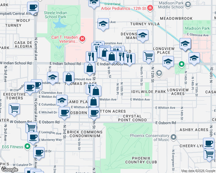 map of restaurants, bars, coffee shops, grocery stores, and more near 3823 North 8th Street in Phoenix