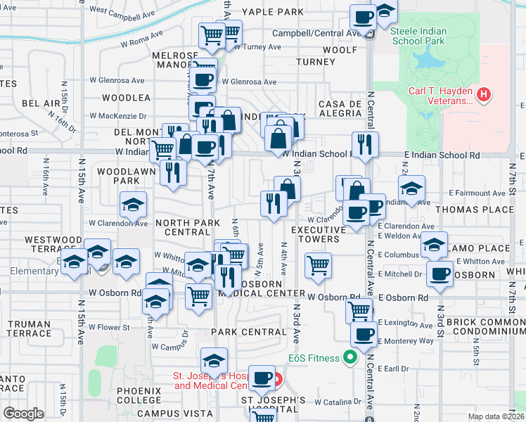 map of restaurants, bars, coffee shops, grocery stores, and more near 500 West Clarendon Avenue in Phoenix