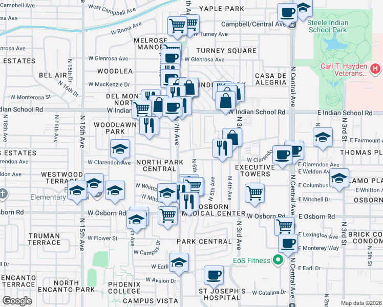 map of restaurants, bars, coffee shops, grocery stores, and more near 520 West Clarendon Avenue in Phoenix