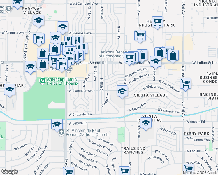 map of restaurants, bars, coffee shops, grocery stores, and more near 4751 West Indianola Avenue in Phoenix