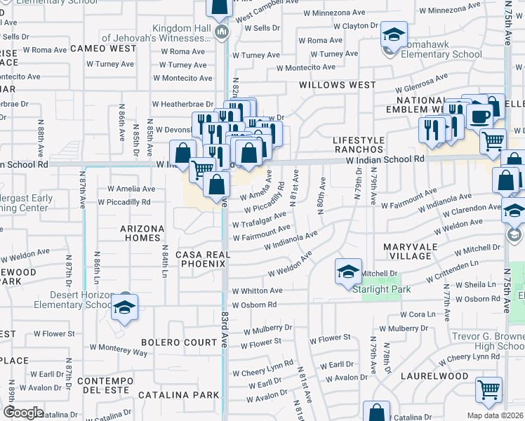 map of restaurants, bars, coffee shops, grocery stores, and more near 8231 West Piccadilly Road in Phoenix