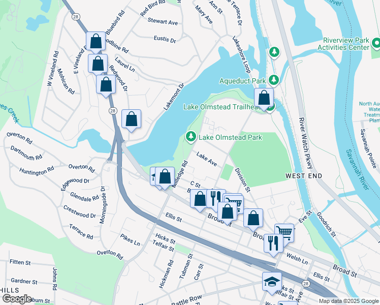 map of restaurants, bars, coffee shops, grocery stores, and more near 94 Milledge Road in Augusta