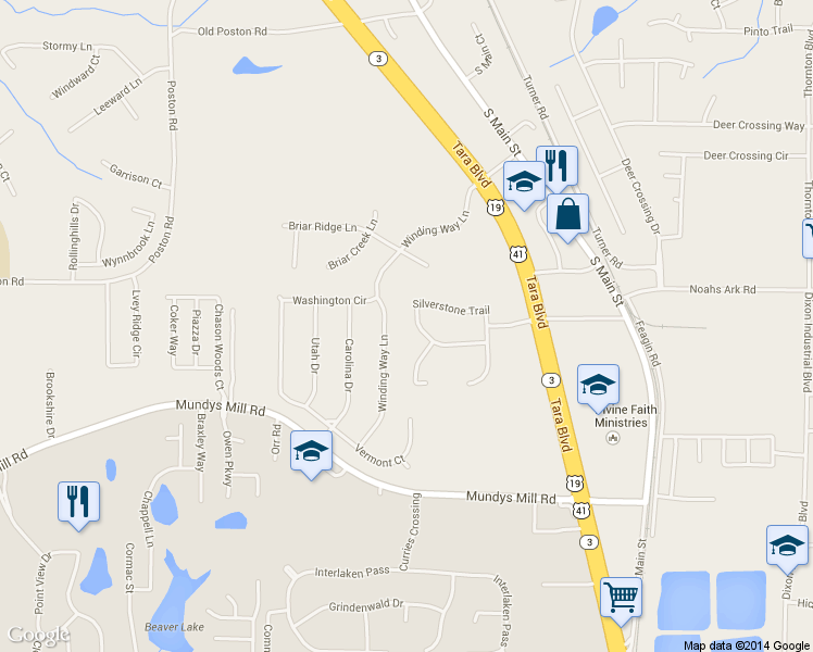 map of restaurants, bars, coffee shops, grocery stores, and more near 1290 Silverstone Trail in Jonesboro