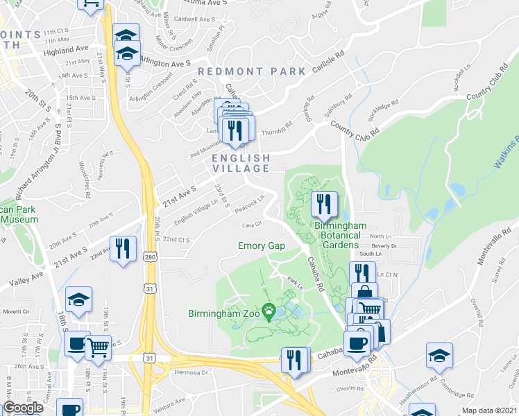 map of restaurants, bars, coffee shops, grocery stores, and more near 462 Botanical Place in Mountain Brook