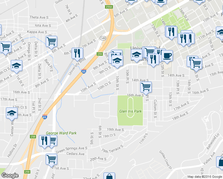 map of restaurants, bars, coffee shops, grocery stores, and more near 1420 10th Street South in Birmingham