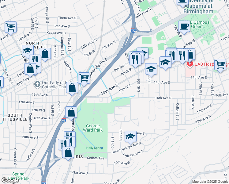 map of restaurants, bars, coffee shops, grocery stores, and more near 512 10th Court South in Birmingham