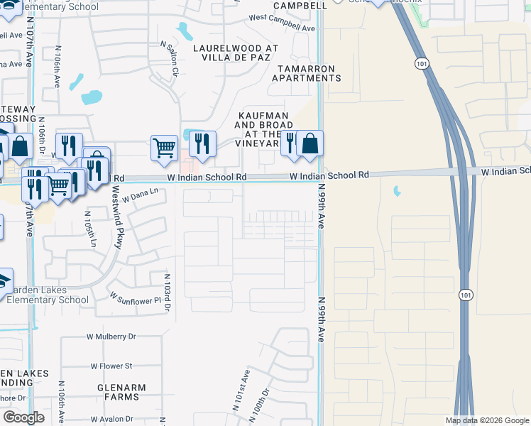 map of restaurants, bars, coffee shops, grocery stores, and more near 9943-9999 West Indian School Road in Phoenix