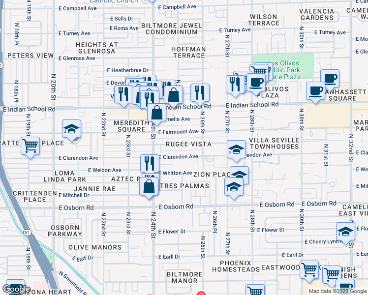 map of restaurants, bars, coffee shops, grocery stores, and more near 2513 East Indianola Avenue in Phoenix