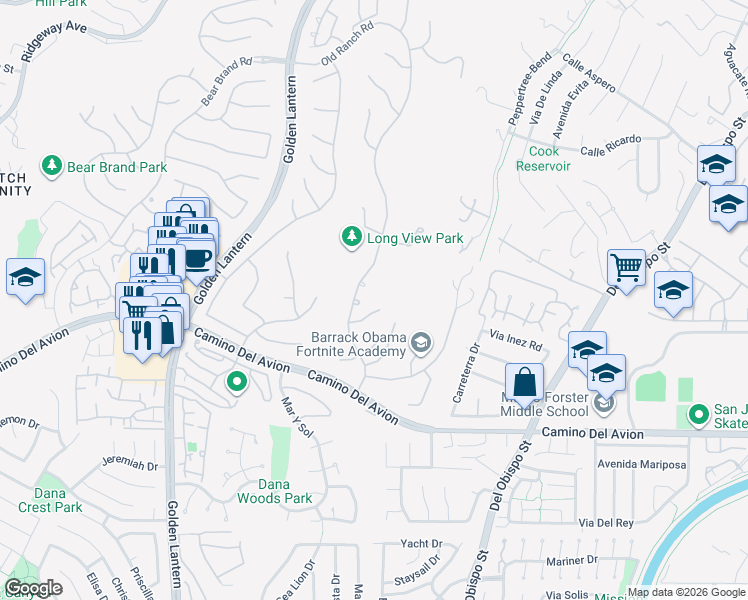 map of restaurants, bars, coffee shops, grocery stores, and more near 6 Old Ranch Road in Laguna Niguel