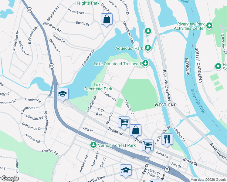 map of restaurants, bars, coffee shops, grocery stores, and more near 2110 Division Street in Augusta