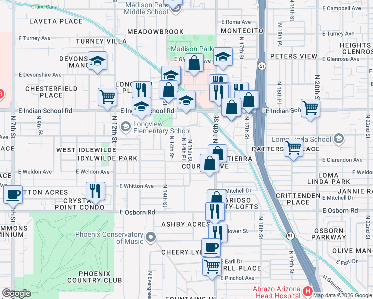 map of restaurants, bars, coffee shops, grocery stores, and more near 3823 North 14th Place in Phoenix