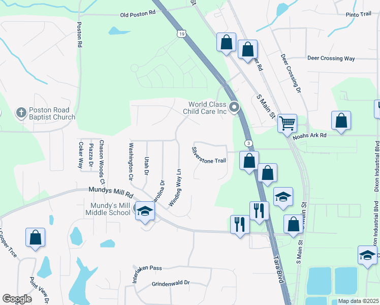 map of restaurants, bars, coffee shops, grocery stores, and more near 1290 Silverstone Trail in Jonesboro