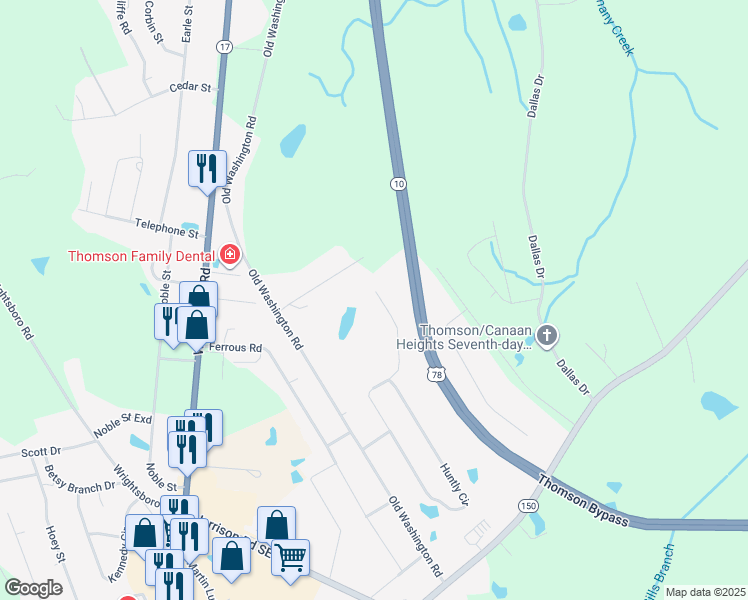 map of restaurants, bars, coffee shops, grocery stores, and more near 1233 Northview Extension in Thomson