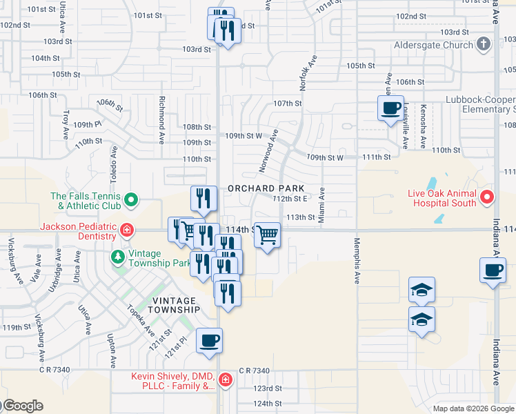 map of restaurants, bars, coffee shops, grocery stores, and more near 4008 113th Street in Lubbock
