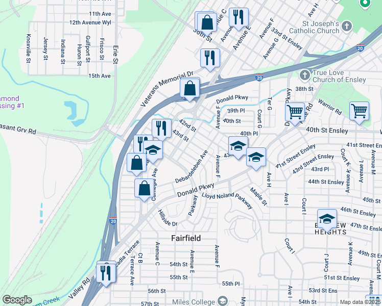 map of restaurants, bars, coffee shops, grocery stores, and more near 522 44th Street Ensley in Fairfield
