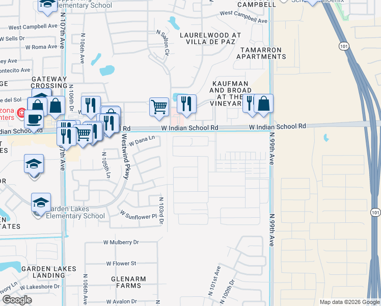 map of restaurants, bars, coffee shops, grocery stores, and more near 10201-10247 West Indian School Road in Phoenix