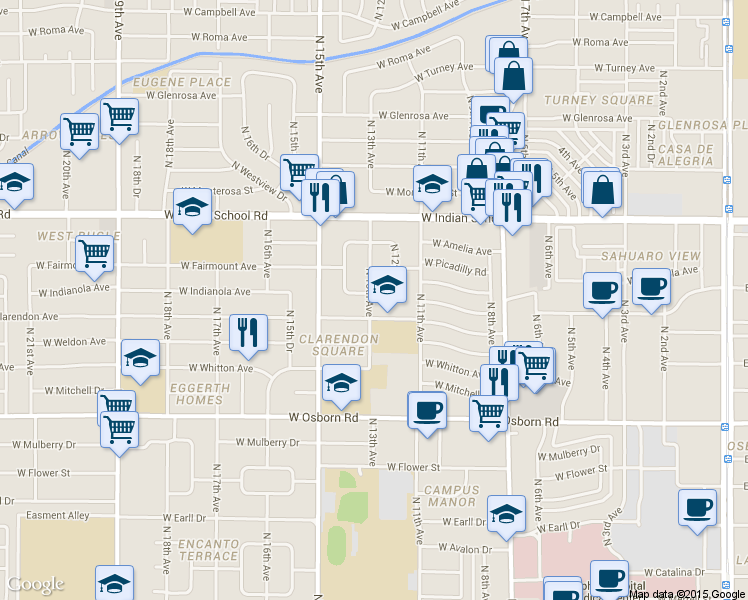 map of restaurants, bars, coffee shops, grocery stores, and more near 1219 W Indianola Ave in Phoenix