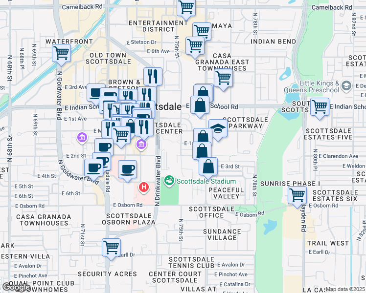 map of restaurants, bars, coffee shops, grocery stores, and more near 7503 East 1st Street in Scottsdale