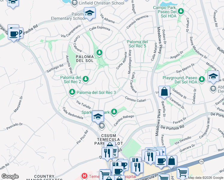 map of restaurants, bars, coffee shops, grocery stores, and more near 43545 Corte Benisa in Temecula