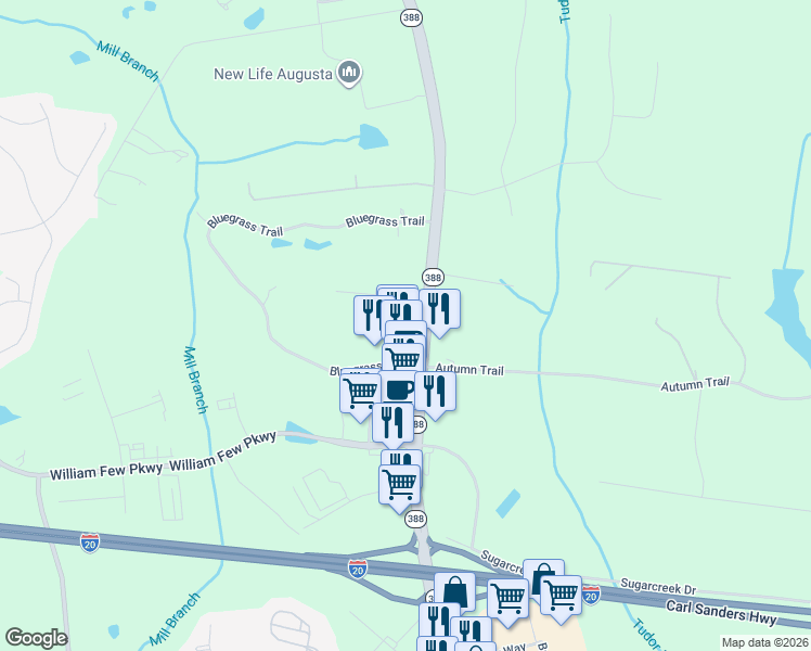 map of restaurants, bars, coffee shops, grocery stores, and more near 415 Lewiston Road in Grovetown