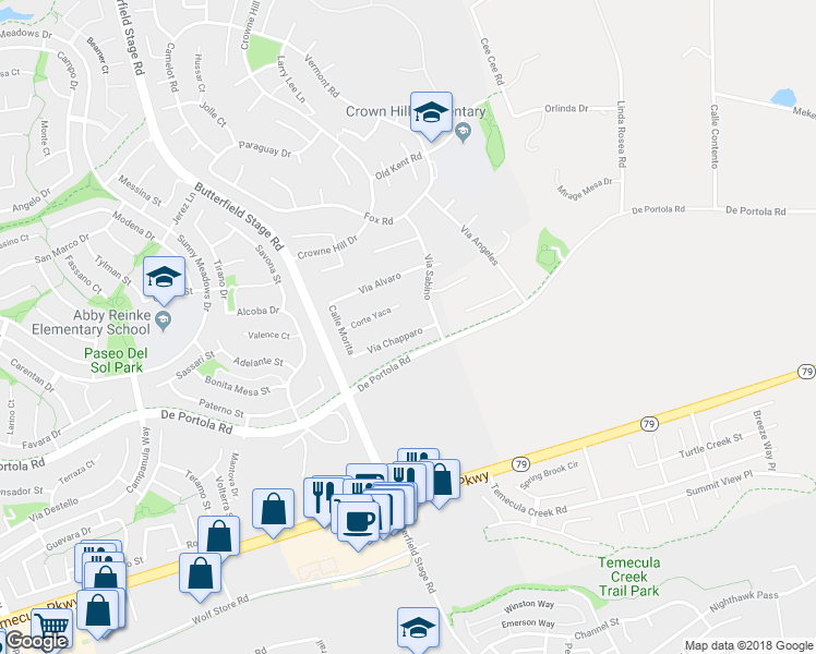 map of restaurants, bars, coffee shops, grocery stores, and more near 33316 Vía Chapparo in Temecula