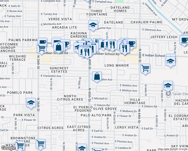map of restaurants, bars, coffee shops, grocery stores, and more near 4019 East Indianola Avenue in Phoenix