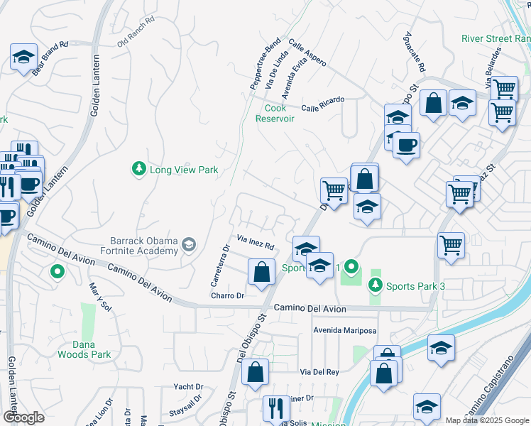 map of restaurants, bars, coffee shops, grocery stores, and more near 32421 Spyglass Court in San Juan Capistrano