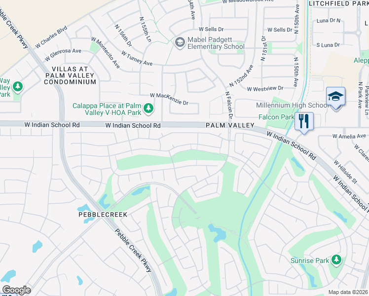 map of restaurants, bars, coffee shops, grocery stores, and more near 15401 West Piccadilly Road in Goodyear