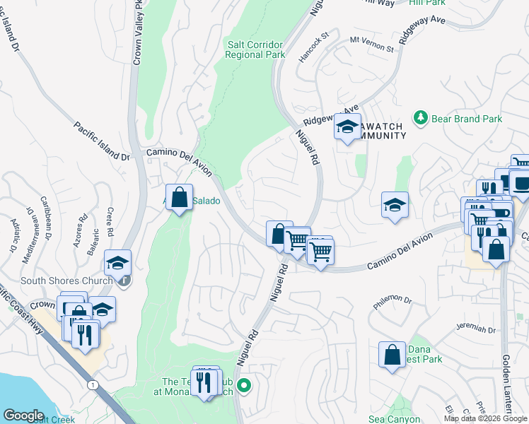 map of restaurants, bars, coffee shops, grocery stores, and more near 23931 Wanigan Way in Laguna Niguel