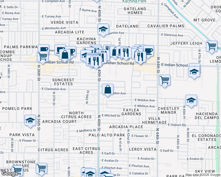 map of restaurants, bars, coffee shops, grocery stores, and more near 4035 East Indianola Avenue in Phoenix