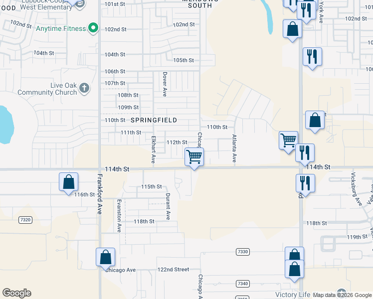 map of restaurants, bars, coffee shops, grocery stores, and more near 11208 Clinton Avenue in Lubbock