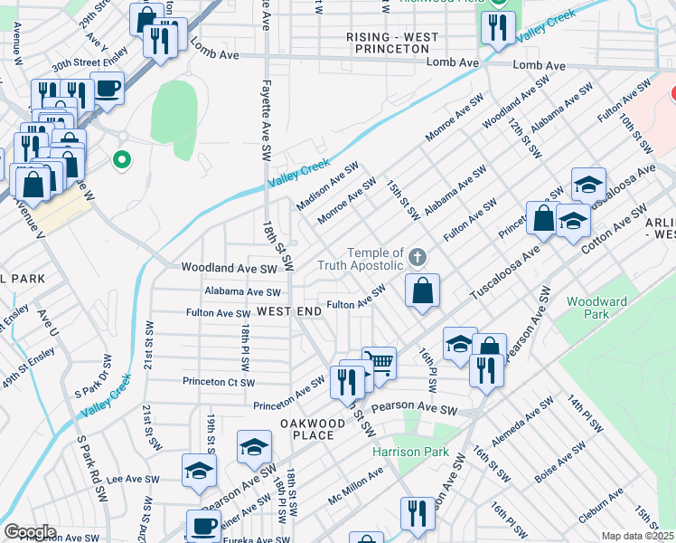 map of restaurants, bars, coffee shops, grocery stores, and more near 322 16th Place Southwest in Birmingham
