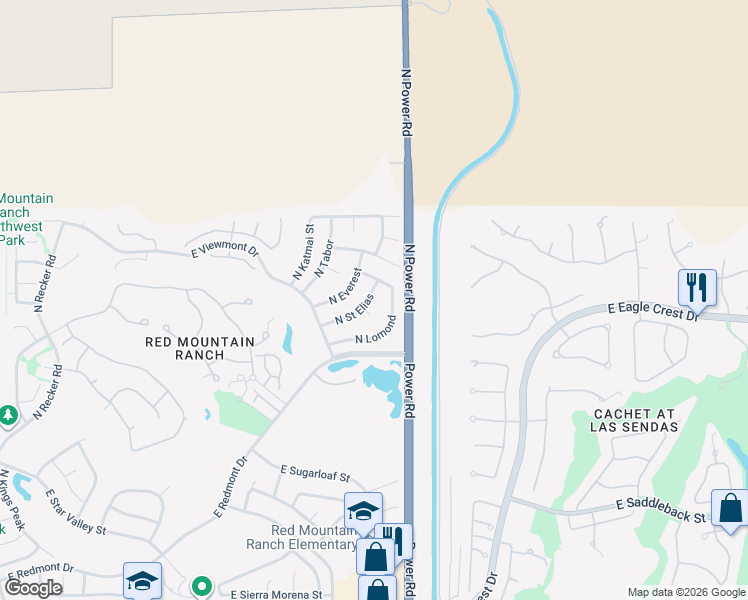 map of restaurants, bars, coffee shops, grocery stores, and more near 4223 North Saint Elias in Mesa