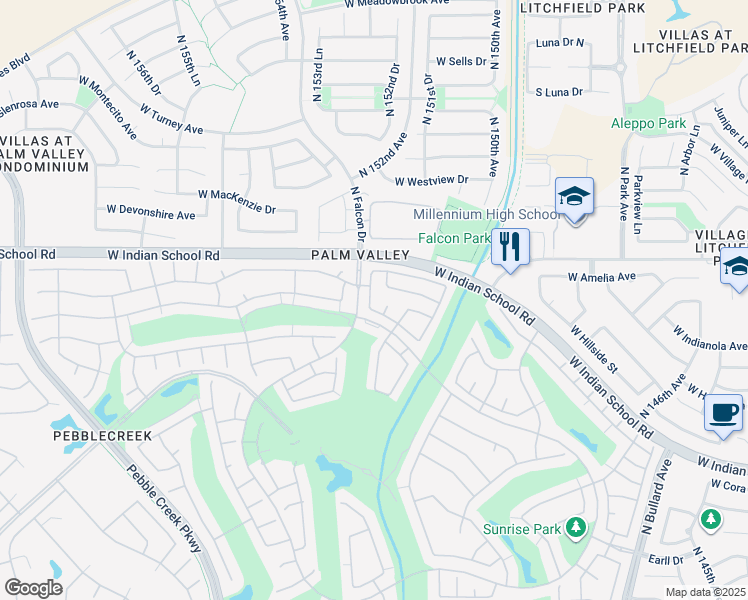 map of restaurants, bars, coffee shops, grocery stores, and more near 3971 North 151st Lane in Goodyear
